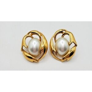 Vintage Monet Signed Goldtone with White‎ Stone Earrings